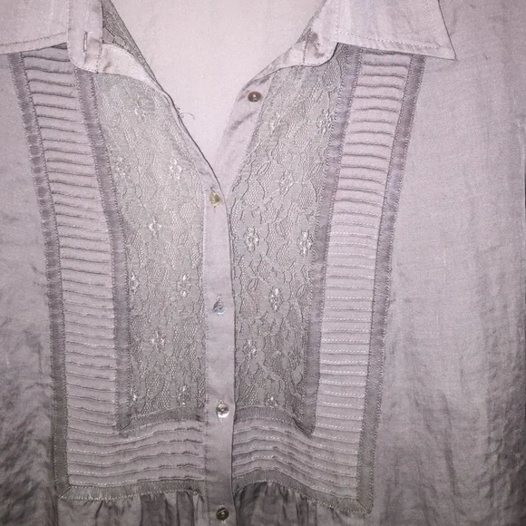 Avenue Grey Distressed Button Lace Trim Blouse - Picture 2 of 4
